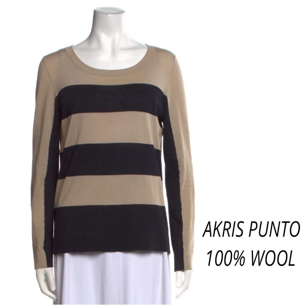 Akris Punto Wool Striped Sweater Pullover Black & Neutral L